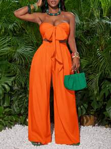 Slaydiva 1 Set Women's Magenta Front Tie Tube Top And Wide Leg Pants Vacation Outfit,Summer Sets - Orange - View 3