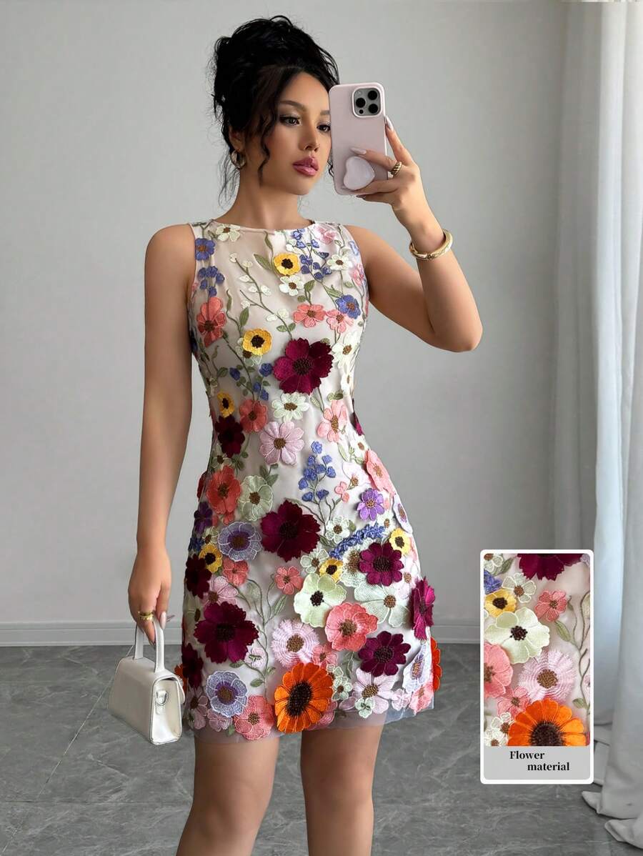 Rafferiza Women's Elegant Floral Fitted Mini Dress, Sleeveless Round Neck