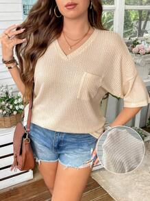 SHEIN LUNE Plus Size Casual Soft Textured Waffle Loose Fit Short Sleeve T-Shirt Old Money Style Women Brunch Outfits For Women Airport Outfit Cowgirl Summer Outfits For Women Graduation Spring Women Summer Clothes Graduation Easter Outfit Women Spring Summer Clothes Vacation Bohemia Easter Outfit Women