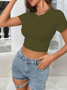 Zolique Casual Versatile Minimalist Solid Color Slim Fit Cropped T-Shirt - Army Green - View 6