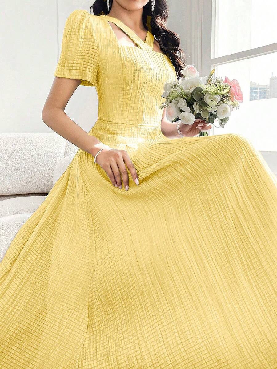 Modelyn French Style Square Neck Bishop Sleeve Pleated Women's Dress - Yellow - View 1