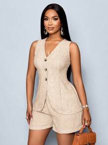 SOLERSUN Women Casual Solid Button Front Vest Blazer & Shorts - Apricot - View 3