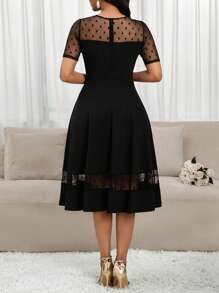 SHEIN Lady 女士网纱拼接短袖A字连衣裙 - 黑色 - 查看 2