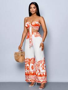 SOLERSUN Summer Women's Clothing, Casual Vacation, White Background Orange Flowers, Sleeveless Tube Top, Front Center Tie, Back Pleated Top, Loose Wide-Leg Pants Suit, Woven Two-Piece Suit - Orange - View 4