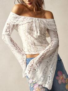 Bohemela Bohemian Solid Color Knit Lace Off Shoulder Bell Sleeve Fitted Blouse For Women,See Through Top - White - View 3