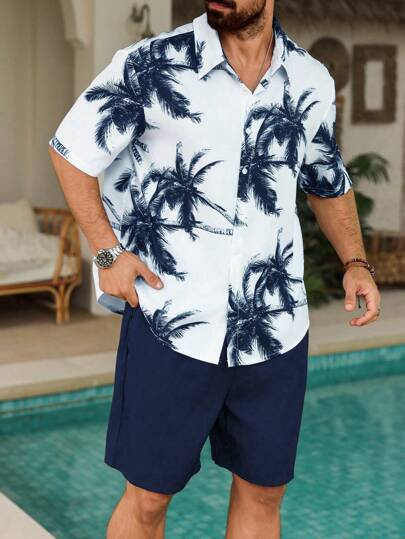 ResortEase Conjunto de 2 piezas de camisa y pantalones cortos con estampado de árboles de coco, ropa cómoda para vacaciones, talla grande para hombres