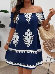 SHEIN Clasi Vestido con hombros descubiertos, mangas cortas, volantes y estampado floral para mujer de talla grande - Azul - Ver 3