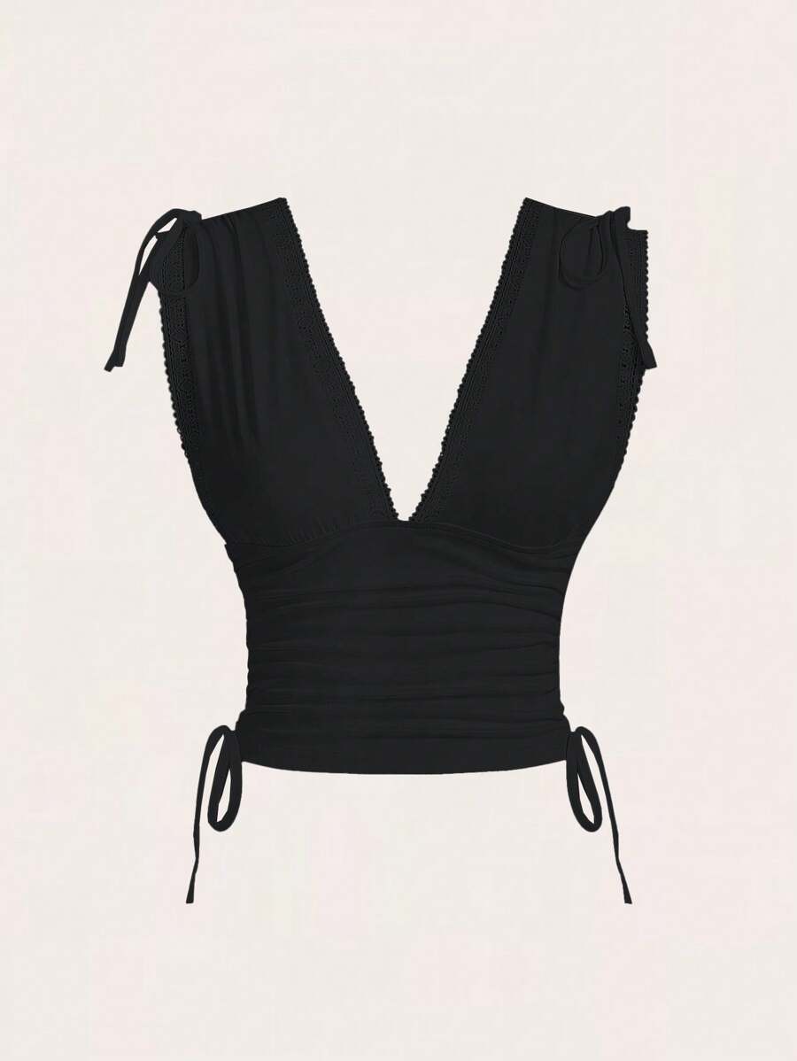 Sweetra Women's Summer Solid Color Ruched Shoulder Strap Casual Tank Top Y2K - Black - View 1