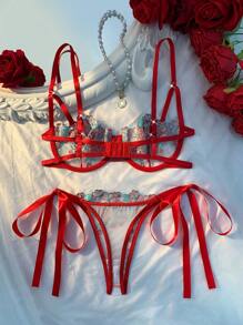 Esselle 2件套女士天蓝色刺绣性感内衣文胸和内裤套装 - 酒紅色 - 查看 2