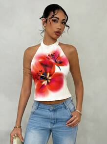 Glamine Vacation Style Floral Print Sexy Backless Halter Crop Top, Spring/Summer, Easter,Graduation, Country Concert,Club,Halter Top,Vacation - Apricot - View 5