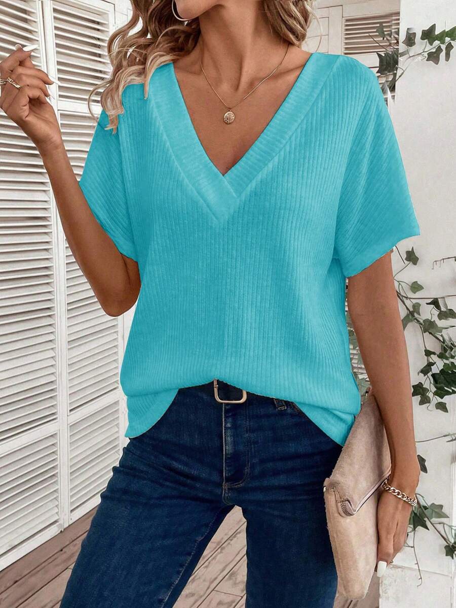 SHEIN LUNE Women Solid V-Neck Short Sleeve Casual Loose T-Shirt - Mint Blue - View 1