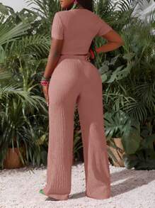 Slaydiva Bộ đồ thể thao giản dị cơ bản mới cho mùa xuân và mùa hè, áo phông ngắn tay cổ tròn + quần ống rộng siêu dài, họa tiết sọc đỏ hồng, vải dệt kim, dành cho nữ, bộ hai mảnh - I - Hồng - Xem 2