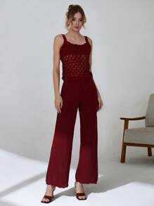 SHEIN Cottnline Beige Two-Piece Knitted Set With Ribbed Pants And Crochet Patterned Top, Lightweight Fabric For A Cozy And Stylish Look - Red - View 3