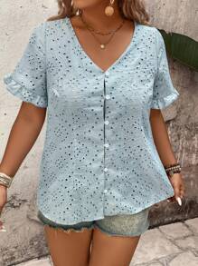 SHEIN Holidaya Plus Size Women Baby Blue Summer Elegant Vacation Holiday Blouse,Embroidered Textured V-Neck Puff Sleeve Ruffle Cuff Button Down Blouse Casual Tops - Green - View 5