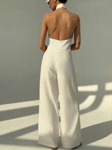 Aloruh Wedding Season Simple Commuter Wrap Neck Ruched Jumpsuit, Sleeveless Long Straight Leg For Women - White - View 2