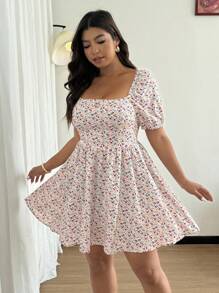 Flirla 大码女式方领泡泡袖印花迷你连衣裙 - 杏色 - 查看 4