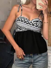 SHEIN Frenchy Women Geometric Print Ruffle Hem Camisole Summer Black - Black - View 5