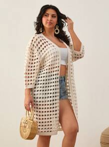 EURMUSE Drop Shoulder Open Knit Duster Cardigan - Beige - View 3