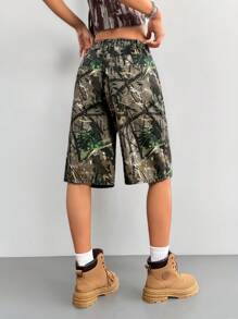 SHEIN PETITE Women's Denim Shorts Low Rise Bermuda Shorts Branch Camouflage Beach Pants Y2K Concert Women Denim Shorts - Multicolor - View 2