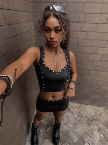 Amplova Women's 2pcs Set:Rivet Decor Spaghetti Strap Vest And Low Waist Belt Tight Fitted Mini Skirt,Black And Silver,Summer,Boyish,Club Rave Festival Boho - Black - View 7