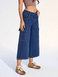 SHEIN EZwear Jeans amples à jambe large avec rabat de poche pour femmes, pour un usage quotidien casual
