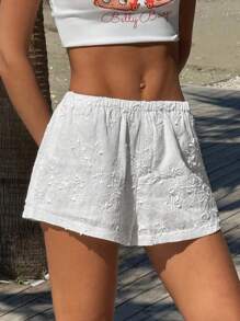 SHEIN EZwear 女士休闲纯色刺绣抽绳腰短裤 - 白色 - 查看 4