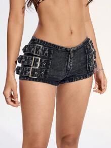 SHEIN EZwear Quần short denim gợi cảm màu trơn có nút và khóa kéo dành cho nữ, mùa hè - Màu xám đen - Xem 5
