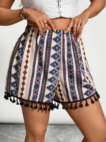 SHEIN VCAY Plus Size Women Summer Geometric Print Tassel Trim Casual Shorts, Nashville Stripe Summer Spring Easter Festival Rave Elegant Vacation Casual Boho Graduation Brunch Wedding Guest Women Bohemia Concert Country Concert Beach Vacation - Multicolor - View 1