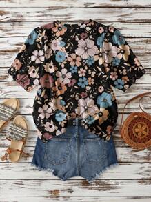 INAWLY Blusa de mujer talla grande con estampado aleatorio y mangas abullonadas de escote en V