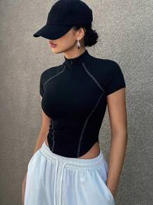 DAZY Women's Half-Zip Stand Collar Short Sleeve Fitted Cropped Athletic Look Base Layer T-Shirt - Black - View 2