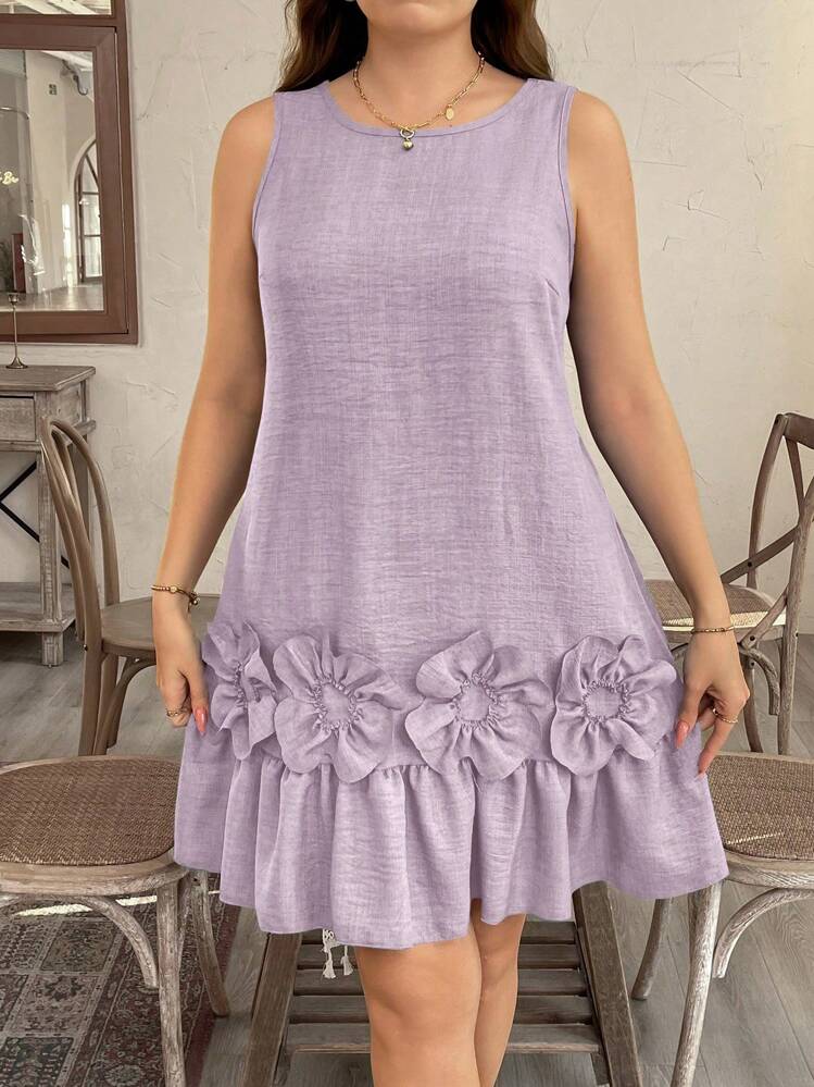 SHEIN LUNE Váy suông suông không tay bèo nhún họa tiết hoa 3D cỡ lớn - Màu tím hoa cà - Xem 5