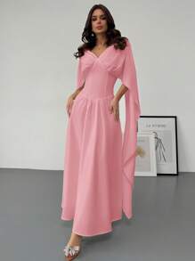 Firerie 优雅简约浪漫魅力女士 V 领长喇叭袖收腰 A 字型白色连衣裙，适合约会、斋月、度假、春夏 - 粉色 - 查看 5