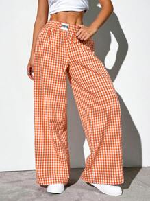 SHEIN EZwear Orange Woven Women's Plaid Casual Wide Leg Pants - Orange - View 5