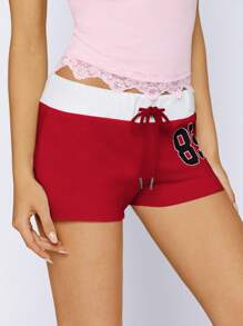 Muchica 夏季休闲字母装饰灰色超短裤 - 紅色 - 查看 4