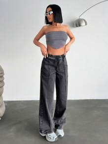 EURMUSE Relaxed Fit Straight Leg Distressed Wash Elastic Waist Jeans - Black - View 5