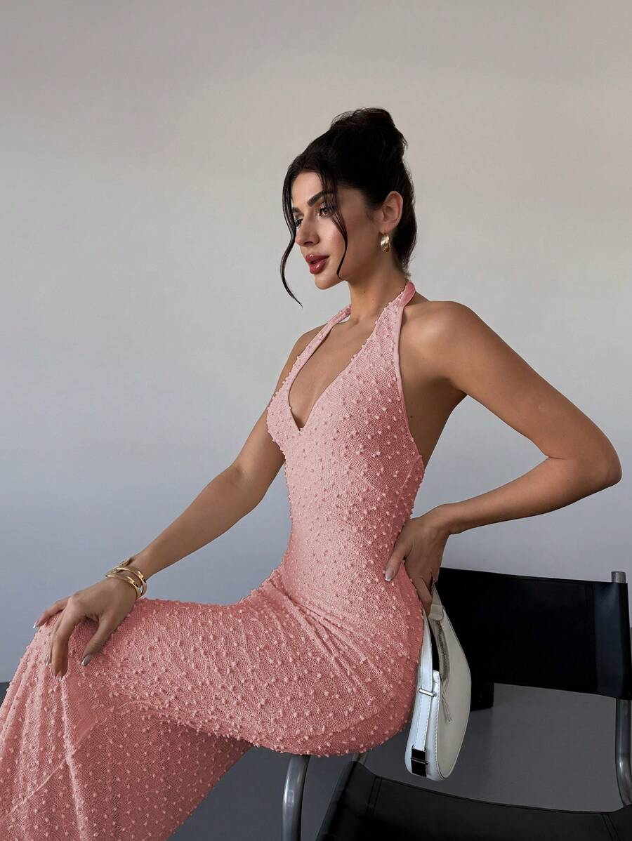 Firerie Váy Maxi Ôm Body Cổ Chữ V Không Tay Lãng Mạn Mùa Xuân/Hè Mới, Với Vải Có Họa Tiết, Màu Mơ - Hồng - Xem 1