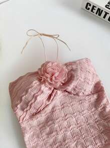 INAWLY Women's Solid Color 3D Floral Decorative Textured Halter Top - Pink - View 5