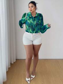 Elenzga Plus Size Women Tie-Dye Print Long Sleeve Single-Breasted Casual Shirt Fall Cloth For Women - Green - View 3