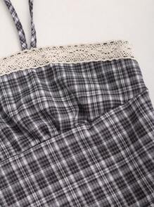 Sweetra Conjunto de 2 peças de blusa feminina com laço e acabamento em renda xadrez + saia curta com detalhe em renda xadrez e laço, elegante e elegante, ideal para primavera, verão e outono - Multicolorido - Ver 6