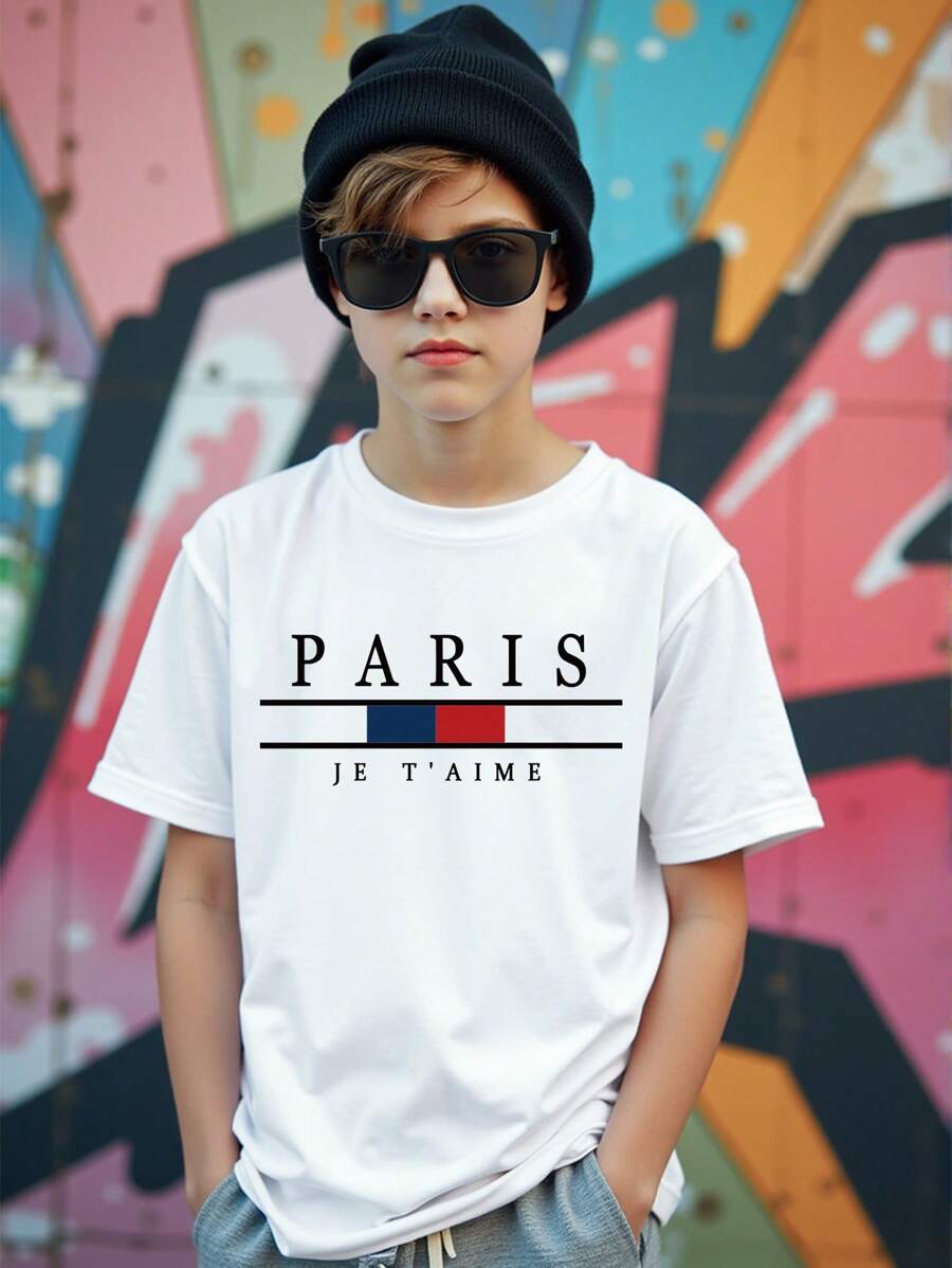 SHEIN Boys' White Minimalist Fashion Cool Gentleman Round Neck Short Sleeve T-Shirt - White - View 1