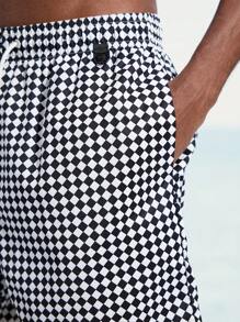 Surfspeed Men's Checkerboard Print Loose Casual Beach Shorts - Black and White - View 5