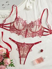 2 piezas Conjunto de lencería sexy de color piel para mujeres