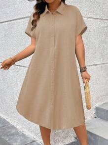 Linhara 大码女式纯色短袖衬衫裙，适合圣诞节长款女装 - 卡其色 - 查看 5