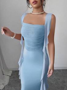 Selianne 25 piezas Nuevo vestido de primavera/verano romántico y elegante con diseño de volantes de medusa, ajustado y acampanado con empalme de malla - Azul - Ver 5