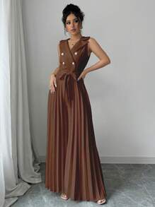 Elenzga Women's Elegant Apricot Double-Breasted Design Pleated Jumpsuit, Spring & Autumn - Mocha Brown - View 5