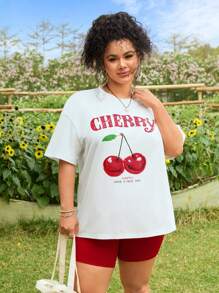 SHEIN EZwear 1 Set Donna Taglie Forti, Maglietta A Maniche Corte Con Stampa Di Lettere Di Ciliegie E Pantaloncini, Stile Casual 2 Pezzi