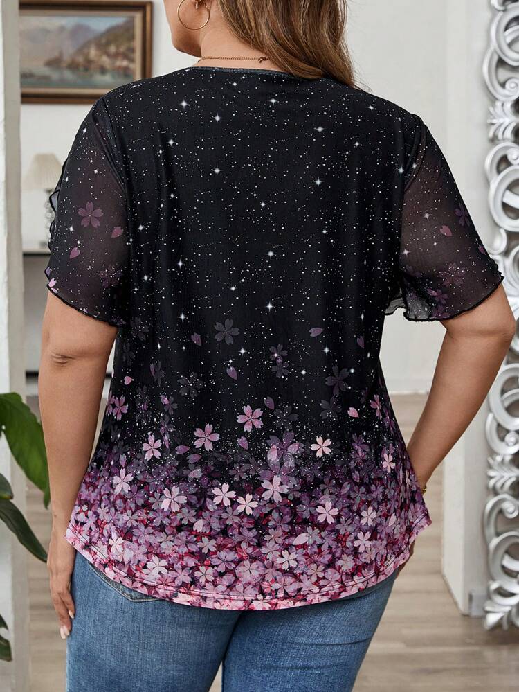 Women's Trumpet Sleeves Mesh See-Through Positioning Print Double Layer Design Round Neck Front Compression Design Holiday Bohemian Plus Size Dressy Blouses Suitable For Spring And Summer Music Festivals Gifts For Mother Vacay Vibes Springbreak Casual Wear SS Bohemia Tunic