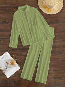 SHEIN Swim 2 pezzi Kimono lungo da donna e set di pantaloni, tinta unita, adatto per vacanze