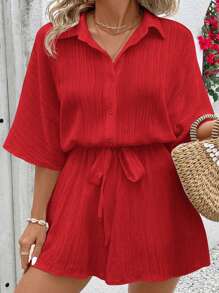 SHEIN VCAY 大码纯色蝙蝠袖连体衣 - 紅色 - 查看 1