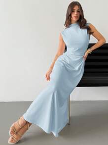 Firerie Valentine's Day New Minimalist Elegant Romantic Date/Commute White Stand Collar Sleeveless Ruched A-Line Maxi Dress Dresses For Wedding Event